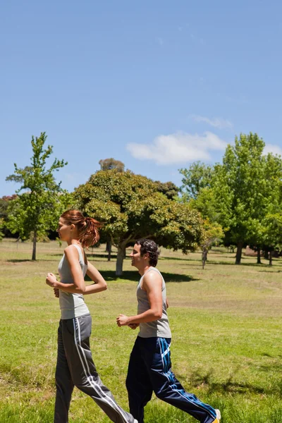 Woman and a man jogging along a trail — Stock Photo, Image