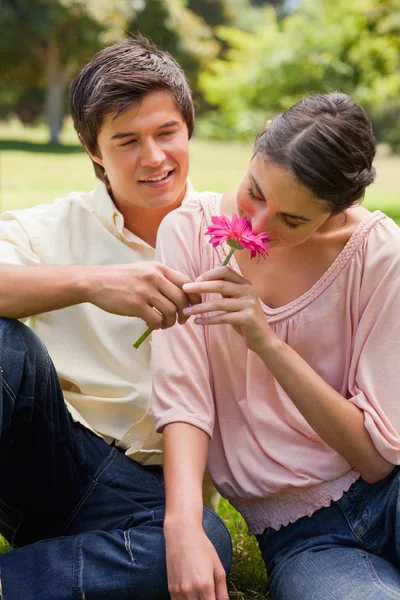 Woman smelling a flower which is being given to her by a man — Stock Photo, Image