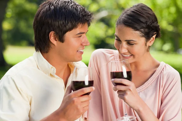 Két barátok gazdaság pohár bor, egy parkban — Stock Fotó