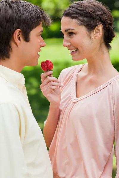 Kvinnan skrattar medan erbjuder en jordgubbe till sin vän — Stockfoto