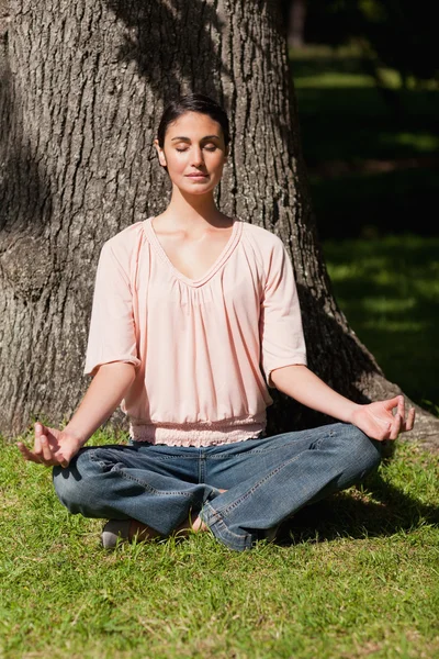 Mujer sentada en una posición de yoga cerca de un árbol — Foto de Stock