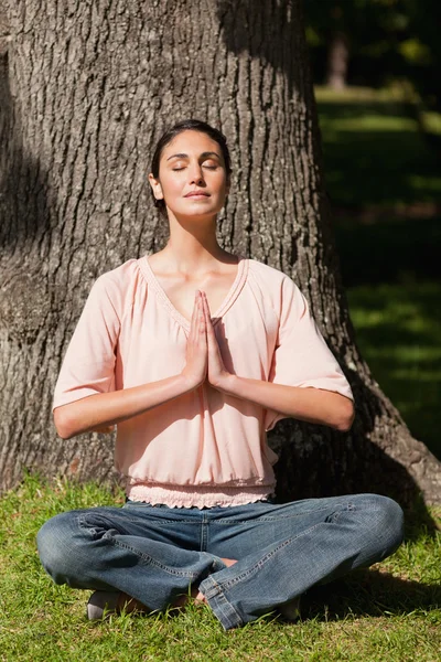 Kvinna sitter i en yogaställning med hennes händer gick nära ett träd — Stockfoto