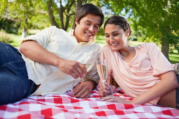 Zwei Freunde beim Blick auf Sektgläser während eines Picknicks — Stockfoto
