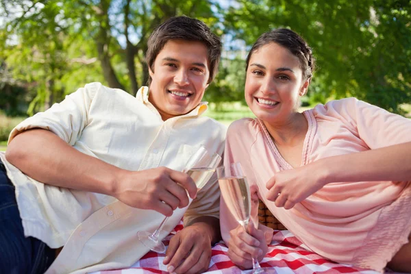 Två vänner blickar framåt samtidigt som du håller glasögon under en picknick — Stockfoto