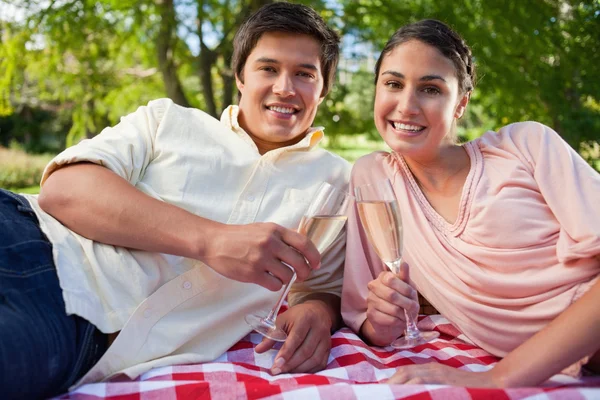 Adam ve arkadaşı bir piknik sırasında gözlük tutarken gülümseyen — Stok fotoğraf