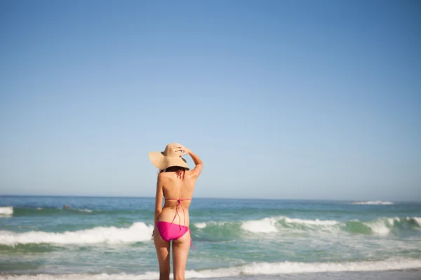 Visão traseira de uma jovem mulher de roupa de praia em pé na frente do — Fotografia de Stock