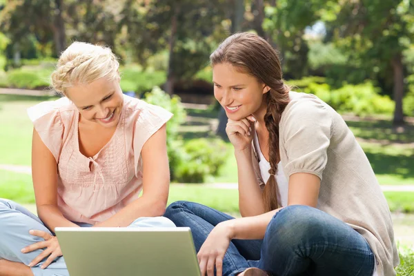 Smiling women in the park with a laptop — Stock Photo, Image