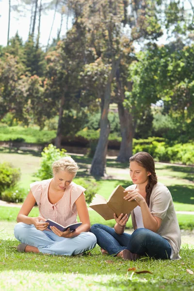 Друзі читають свої книжки в парку — стокове фото