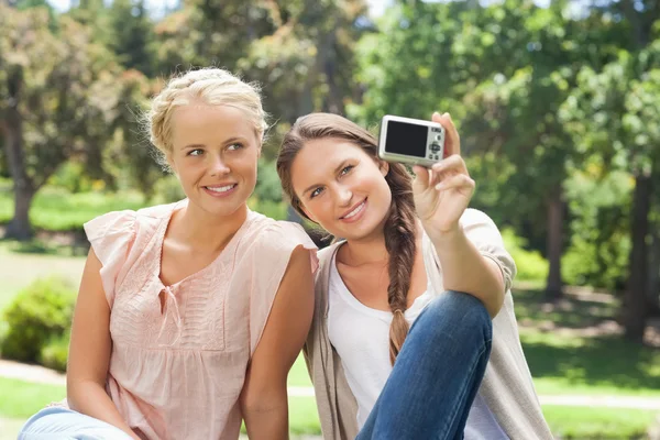 Friends taking picture of themselves with a camera — Stock Photo, Image