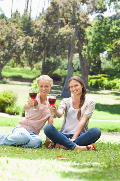 公園で赤ワインのグラスを持って友達に笑顔 — ストック写真