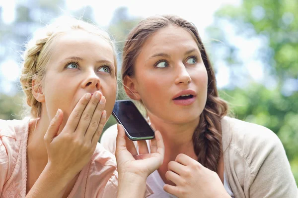 Vrienden luisteren naar een telefoongesprek in het park — Stockfoto