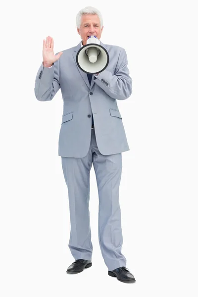 Retrato de um homem de negócios falando com megafone — Fotografia de Stock