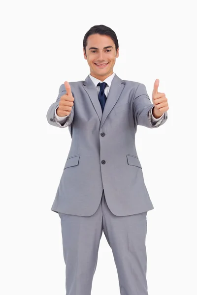 Uomo sorridente in giacca e cravatta il pollice in su — Foto Stock