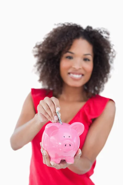 Piggy bank otrzymujący notatki dolara — Zdjęcie stockowe