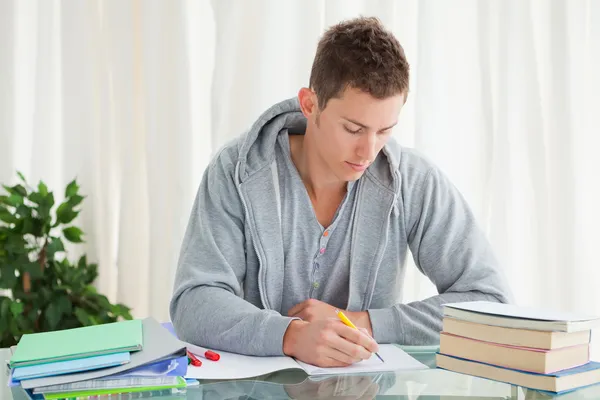Erkek öğrenci ödevini yapıyor — Stok fotoğraf
