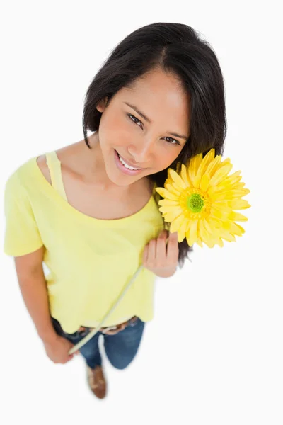High-angle view of a Latino woman holding a flower — Stock Photo, Image