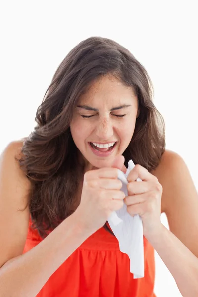 Close-up of a student tearing her homeworks — Stock Photo, Image