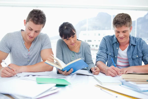 Drie studenten studeren samen hard — Stockfoto