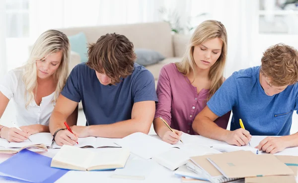 4 人の学生が一生懸命勉強しています。 — ストック写真