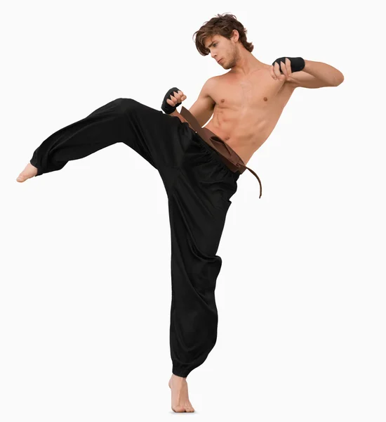 Vista lateral de patear luchador de artes marciales — Foto de Stock