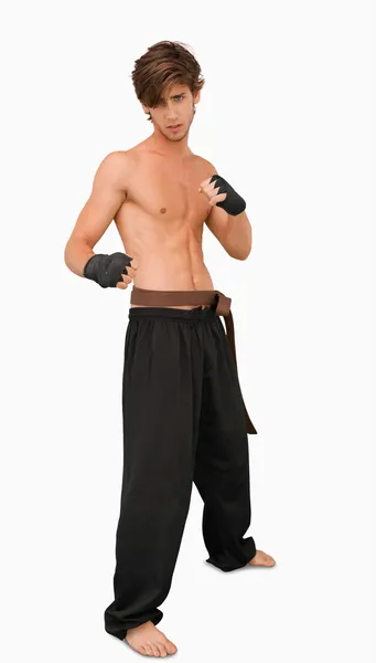 Martial arts fighter standing in fighting pose — Stock Photo, Image