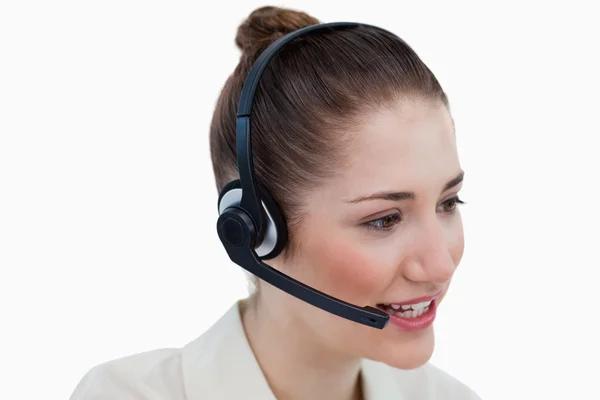 Close up of an operator talking through a headset — Stock Photo, Image