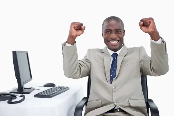 Successful salesman with the fists up — Stock Photo, Image