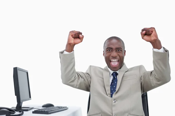 Victorious salesman with the fists up — Stock Photo, Image
