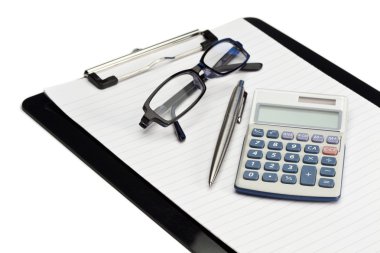 Angled note pad, pen, glasses and pocket calculator clipart