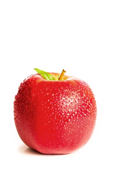 Manzana húmeda roja y su hoja — Foto de Stock
