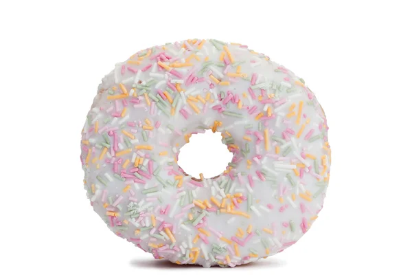 Pink Iced Doughnut covered in sprinkles isolated — Stock Photo, Image