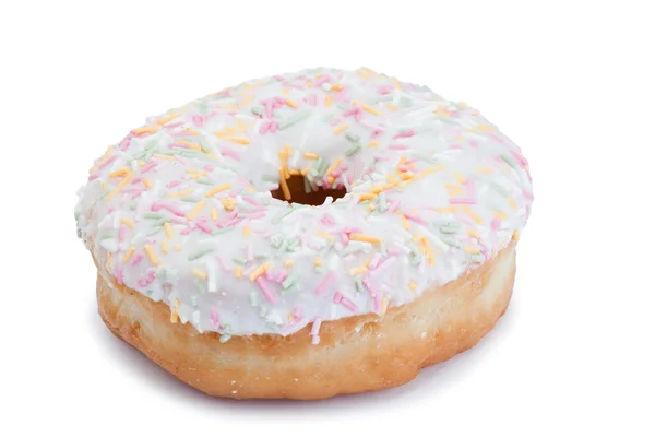 Pink Iced Doughnut covered in sprinkles isolated — Stock Photo, Image