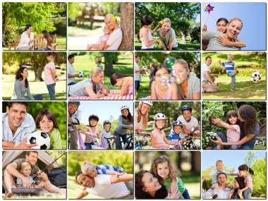 Montage of young adults having fun with their children clipart