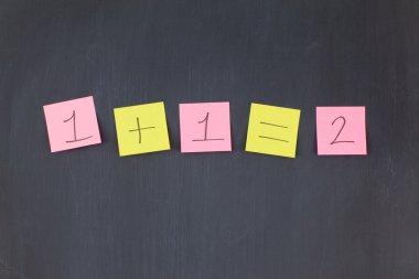 Pink and yellow sticky notes in a row on a blackboard clipart