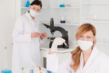 Dark-haired and blond-haired scientists carrying out an experime clipart