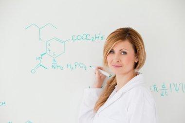 Female scientist looking at the camera while writing a formula o clipart