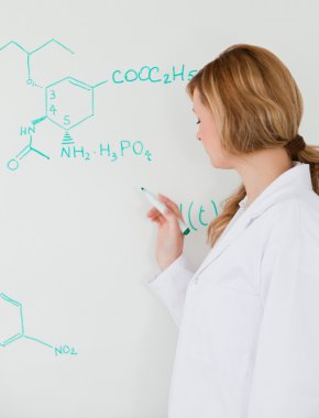 Cute female scientist writing a formula on a white board clipart