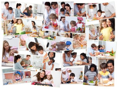 Collage of adults cooking with their children clipart