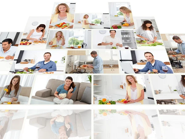 Montage of smiling while cooking — Stock Photo, Image