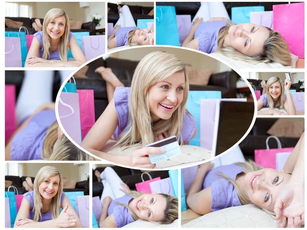 Montage av en söt kvinna glad att ha gjort hennes shopping — Stockfoto