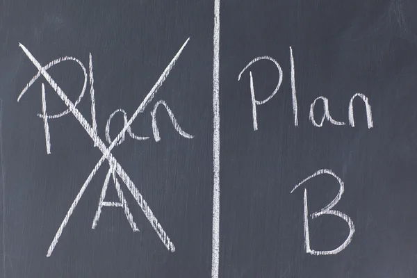 stock image Blackboard divided into two plans with plan A crossed out