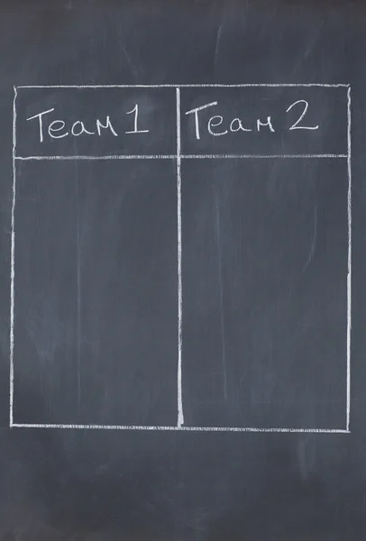 Table opposing team 1 and team 2 on a blackboard — Stock Photo, Image