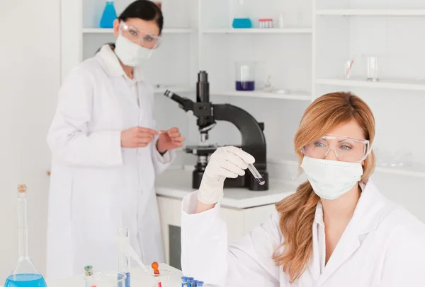 Dark-haired and blond-haired scientists carrying out an experime — Stock Photo, Image