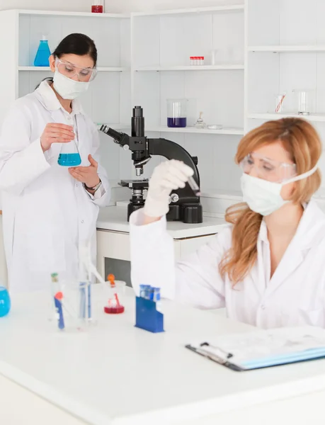 Dark-haired and blond-haired scientists conducting an experiment — Stock Photo, Image