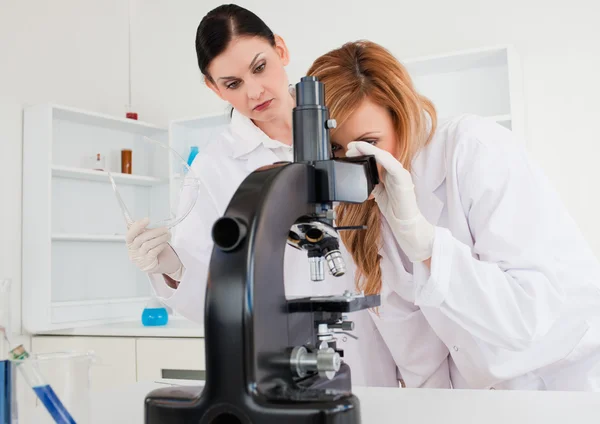 Cute female scientist looking through a microscope helped by her — Stock Photo, Image