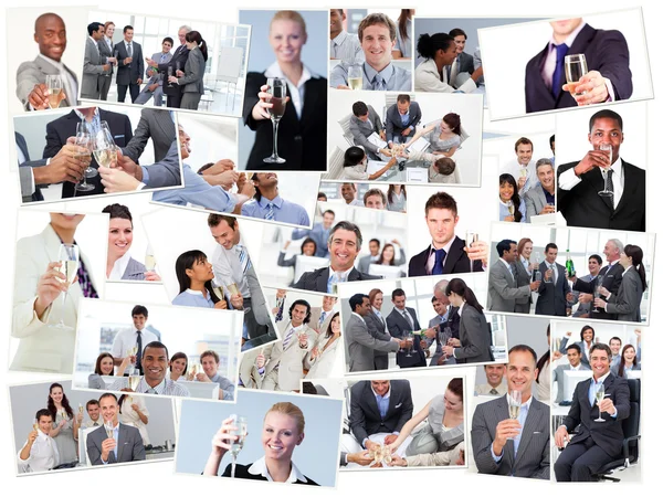Collage von Geschäftsleuten, die anstoßen und Champagner trinken — Stockfoto