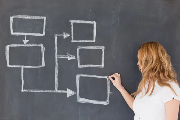 Profesora mirando a la cámara mientras explica un esquema — Foto de Stock