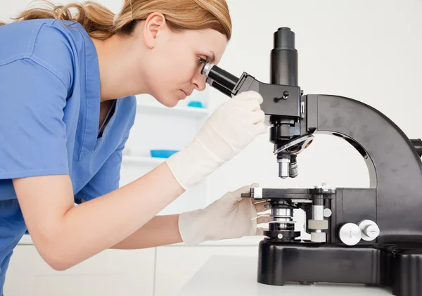 Θηλυκός επιστήμονας που διεξάγει ένα πείραμα που αναζητούν μέσα από ένα micr — Φωτογραφία Αρχείου