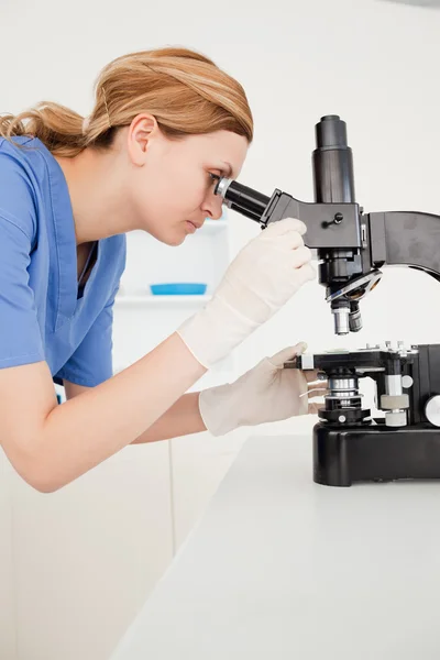 Ξανθά μαλλιά επιστήμονας αναζητούν μέσα από ένα μικροσκόπιο — Φωτογραφία Αρχείου