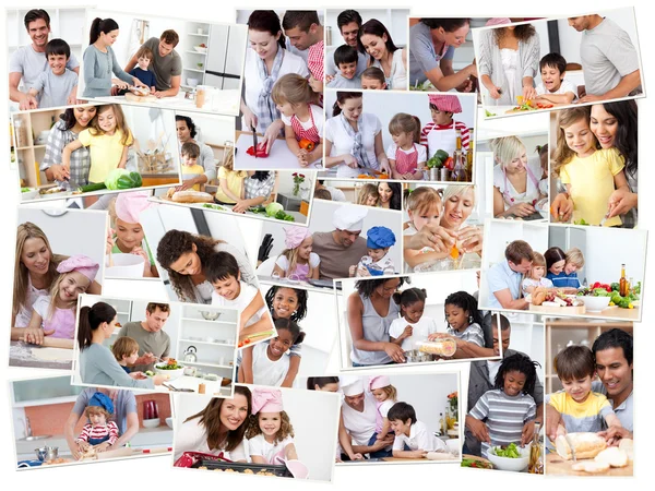 成人烹饪与他们的孩子的拼贴画 — 图库照片